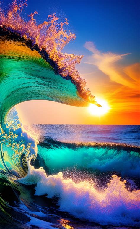 Beautiful Colorful Ocean Waves Sunset Art . Blue Sky Clouds Water Reflections Beach Surfing ...