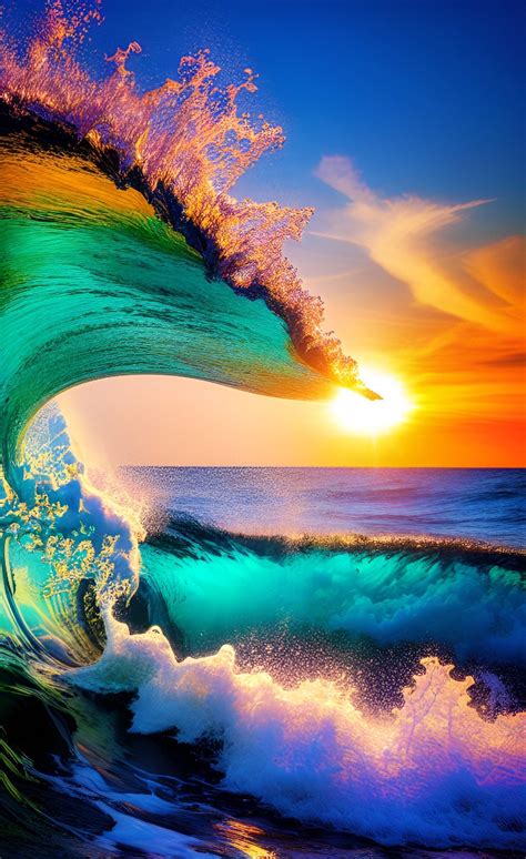 Beautiful Colorful Ocean Waves Sunset Art . Blue Sky Clouds Water Reflections Beach Surfing ...