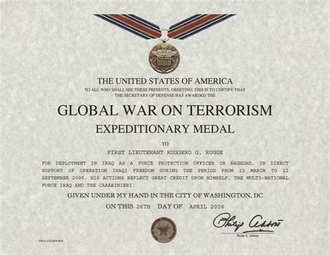 Global War on Terrorism Expeditionary Medal, Certificate and Criteria