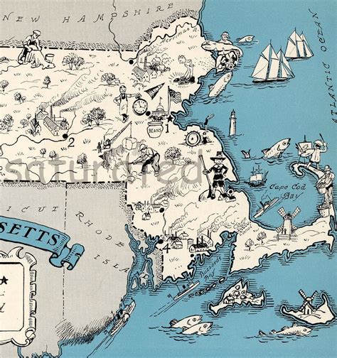 Massachusetts Map Vintage Map Art High Res DIGITAL IMAGE Fun 1930s ...