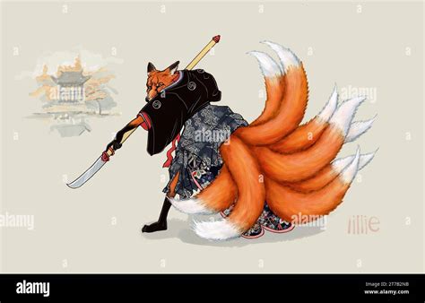 Art in Japanese folklore, kitsune (狐, きつね) are nine tailed fox spirits ...