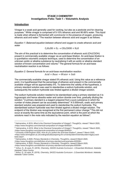 Volumetric Analysis Practical Report | Chemistry - Year 12 SACE | Thinkswap