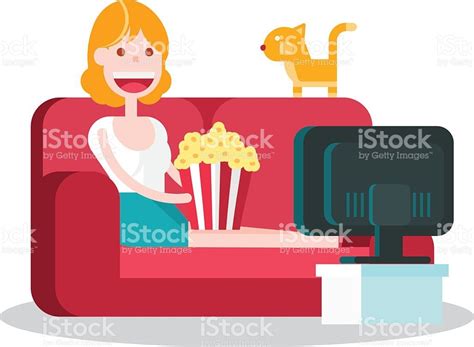 media.istockphoto.com vectors girl-watching-tv-with-popcorn-on-the-sofa-vector-id611095502 | Tekenen