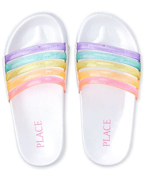 Girls Glitter Rainbow Matching Faux Leather Jelly Slides