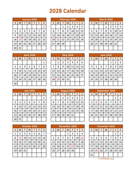 Full Year 2028 Calendar on one page | WikiDates.org