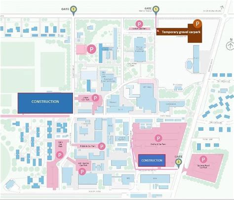 Campus map showing car parks and construction zones