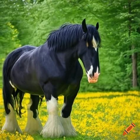 Rear view of a black shire horse in a flowery green meadow with a green ...