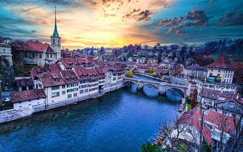 Download wallpapers Aare River, sunset, Untertorbrucke bridge, swiss cities, Aar, Bern ...