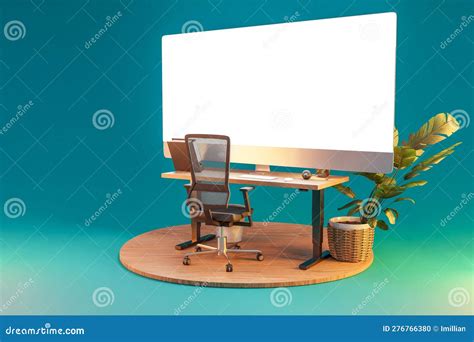 Single Isolated Computer Workspace on Wooden Podium with Giant ...