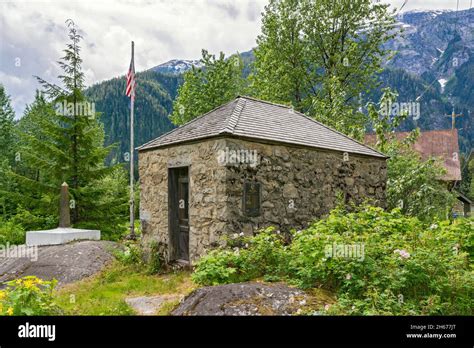 United States, Alaska, Hyder, historic border station, obelisk marks ...