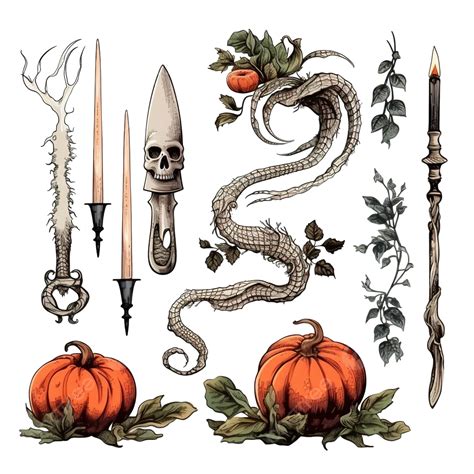 Set Of Boho Style Halloween Elements Witchcraft Magic Zombie Hand Snake Pumpkin And Knife ...