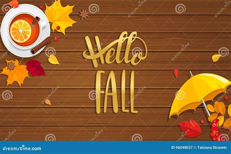 Hello Fall Lettering on Wooden Background. Stock Vector - Illustration of banner, november: 96048037