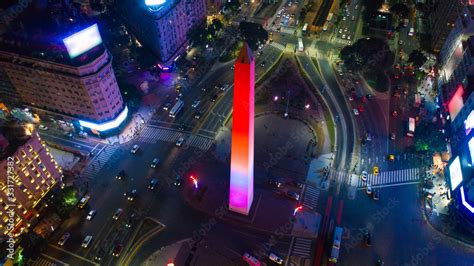 Night aerial view of the Obelisk of Buenos Aires (Obelisco), a ...