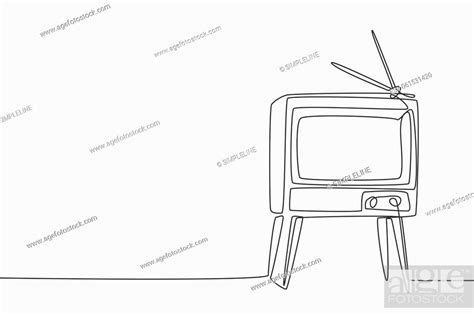 One continuous line drawing of retro old fashioned tv with wooden table ...