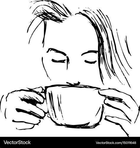 Hand-drawn sketch woman drinking coffee Royalty Free Vector