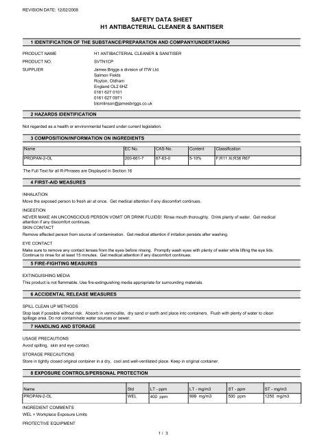 SAFETY DATA SHEET H1 ANTIBACTERIAL CLEANER & SANITISER