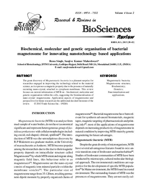 (PDF) Biochemical, molecular and genetic organisation of bacterial magnetosome for innovating ...