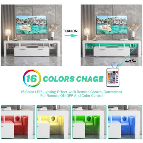 White TV Stand for 75 Inch TV, Modern High Glossy TV Cabinet with 16 Colors LED Lights, Living ...