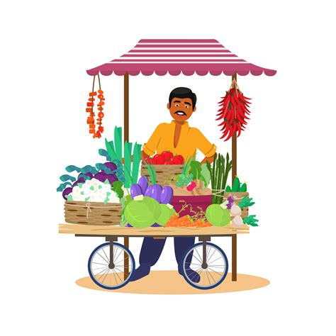 Asian merchant selling vegetables from cart. Indian character. Isolated ...