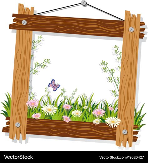 Wooden frame template with flowers and grass Vector Image