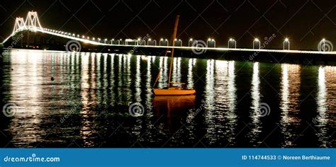 Night Shot of Newport Bridge with Sailboat Stock Image - Image of ...