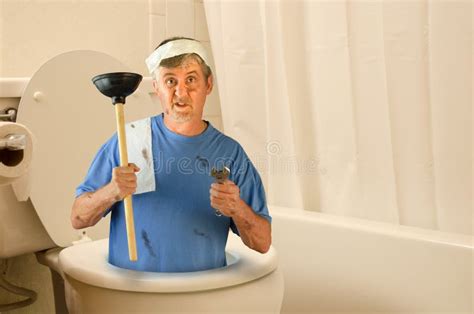 Humorous Funny Plumber Inside Toilet With Tools And Toilet Paper Stock ...