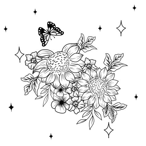 Aesthetic Flower And Butterfly Coloring Page, Flower Drawing, Butterfly Drawing, Aesthetic ...