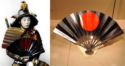 a woman holding a fan next to an image of a geisha doll on display