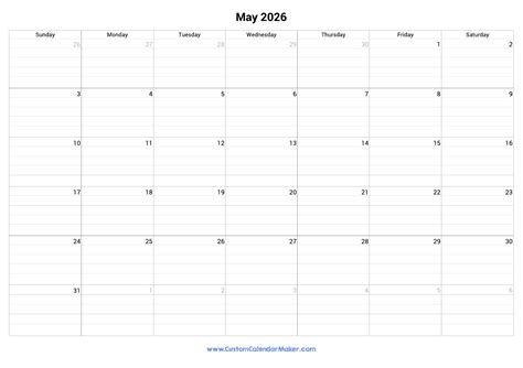 May 2026 Fillable Calendar Grid With Lines