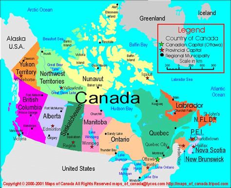 a map of canada with the capital and major cities