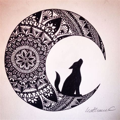 Wolf in the moon black ink mandala drawing #brusho | Татуировки с ...