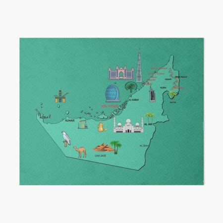 " UAE map, major cities United Arab Emirates national symbols and landmarks " Art Board Print by ...