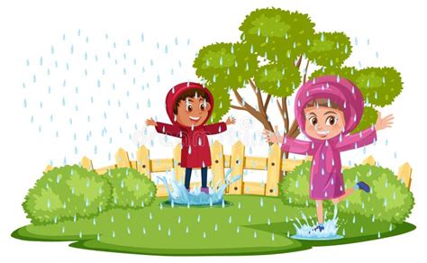 A Children Wearing the Raincoat Playing in the Rain Stock Vector ...