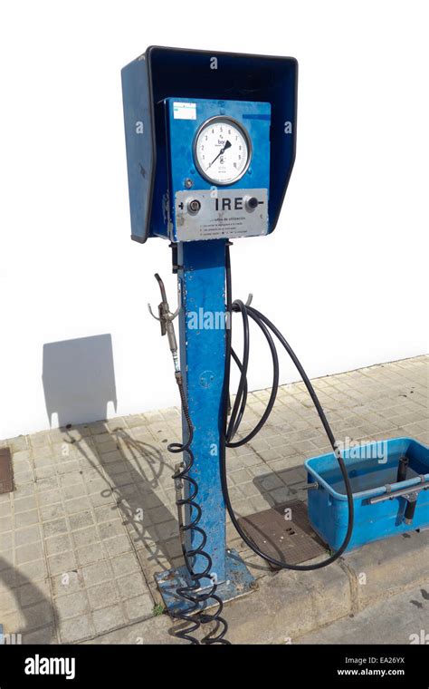 Gas station air pump, Petrol station, at border of Spain and Portugal ...