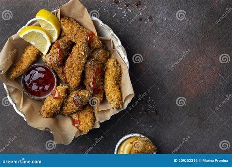 Crispy Chicken Strips with Various Dipping Sauces Stock Photo - Image ...