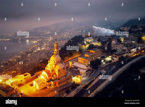 Harissa overlooking Beirut, Lebanon at night taken in October 2021 ...