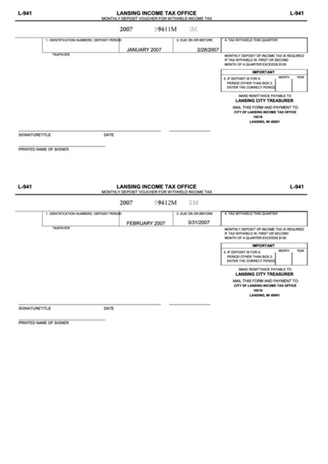 Form L-941 - Monthly Deposit Voucher For Whithheld Income Tax printable pdf download