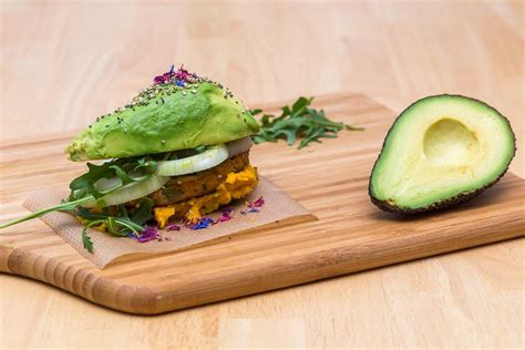 Close Up Food Photo of Home Made Vegetarian Avocado Burger with Hummus ...