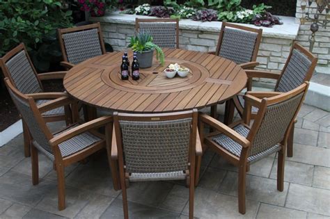 Large Round Eucalyptus Wood 63" Lazy Susan Dining Table | Outdoor furniture design, Round patio ...