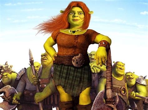 an animated image of a woman with red hair standing in front of other people wearing kilts