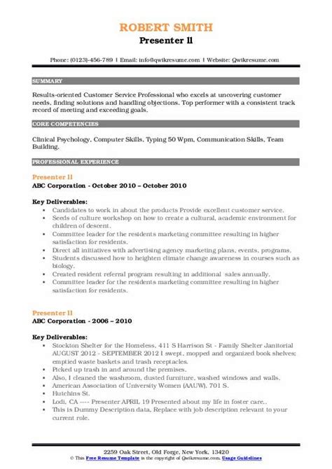 Presenter Resume Samples | QwikResume