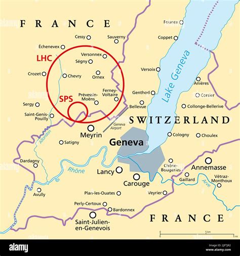 Large Hadron Collider (LHC) and Super Proton Synchrotron (SPS), political map. Worlds largest ...