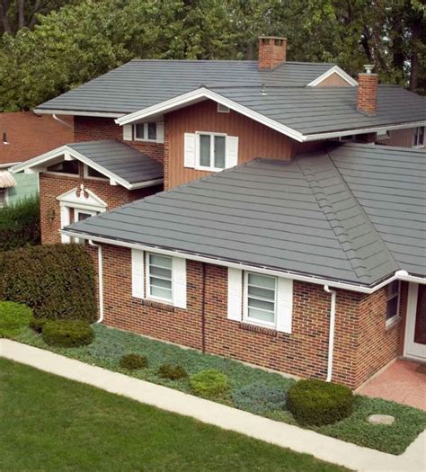 Gray Metal Roof on a Brick Home | Oxford Aluminum Shingle in Deep ...