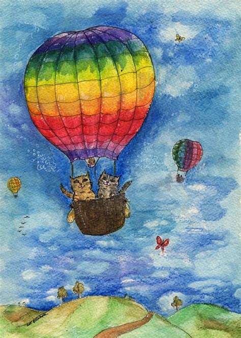 Cute Cats in Rainbow Hot Air Balloon Original Pen and - Etsy