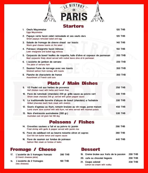 Menu at Le Bistrot De Paris restaurant, Hua Hin