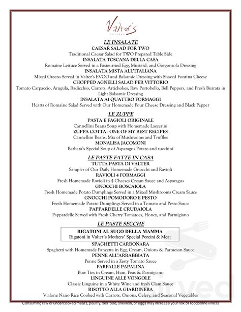 Valter's Osteria menu in Salt Lake City, Utah, USA