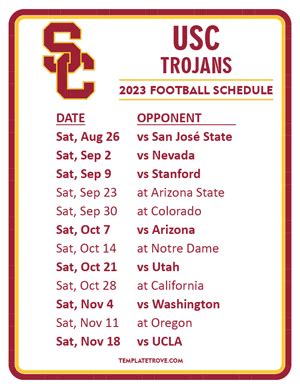 Printable 2023 USC Trojans Football Schedule