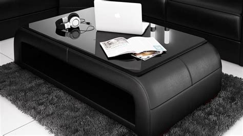 Contemporary Black Leather Coffee Table w/Black Glass Table Top | My Aashis