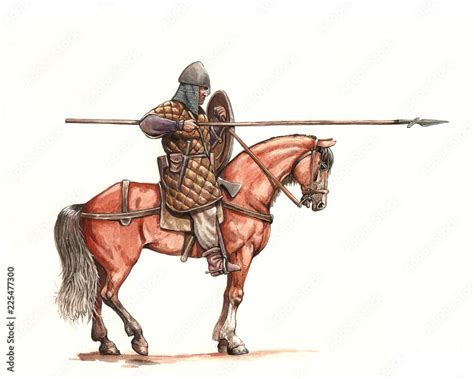 Medieval mounted knight. German (ottonic) heavy cavalry charging at the ...