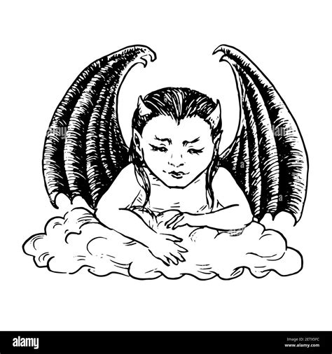 Little cute devil baby sittingon cloud and looking down, front view ...